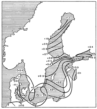Рисунок 11. Современное поднятие (см/год) в районе Балтийского моря, установленное по водомерным реперам (по Виттингу)