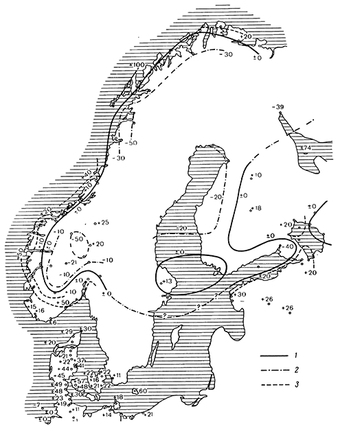 Рисунок 12. Аномалии силы тяжести в Скандинавии (по Борну).