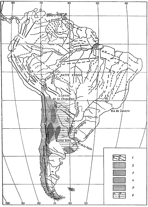 Рисунок 17. Схематическая тектоническая карта Южной Америки (по Кейделю и Дж. В. Эвансу).
