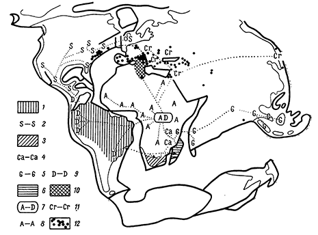 Рисунок 31. Современное распространение ряда семейств дождевых червей Lumbricina. Нанесено на карту, отражающую реконструкцию материков согласно теории дрейфа для эоцена (по Михаэльсену).