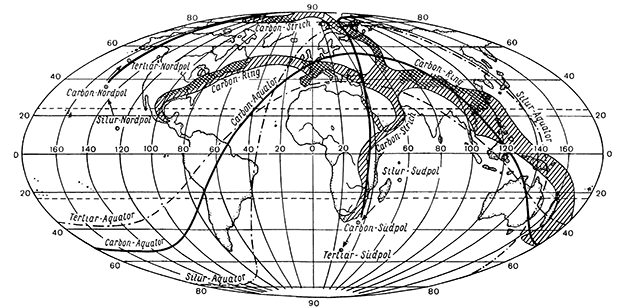 Рисунок 37. Положение экватора и областей складчатости в карбоне (по Крейхгауэру)