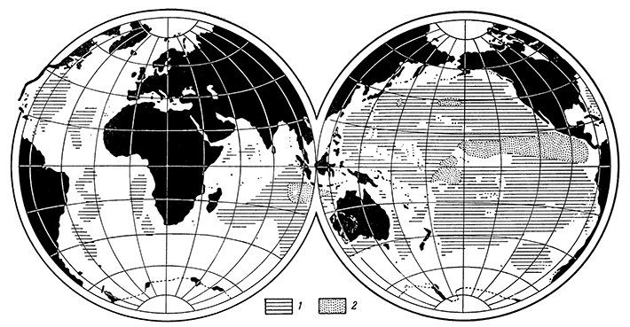 Рисунок 57. Карта глубоководных осадков (по Крюммелю [30]).