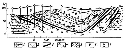 Рисунок 23. Схематический геологический разрез Баксинского железорудного месторождения (Шнюков, Фесюиов, 1965)