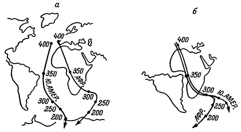 Рисунок 80. Траектории движения южного магнитного полюса относительно Южной Америки и Африки для палеозойской эры (а) и компоновка континентов при совмещении траекторий (б).