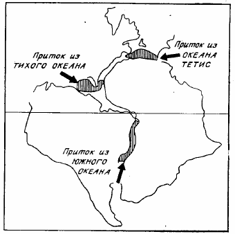Рисунок 147. Циркуматлантический пояс месторождений солей показан заштрихованными зонами