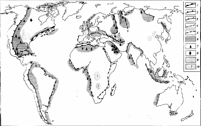 Рисунок 152. Карта-схема размещения основных нефтегазоносных регионов земного шара по В. П. Гаврилову (1986): 