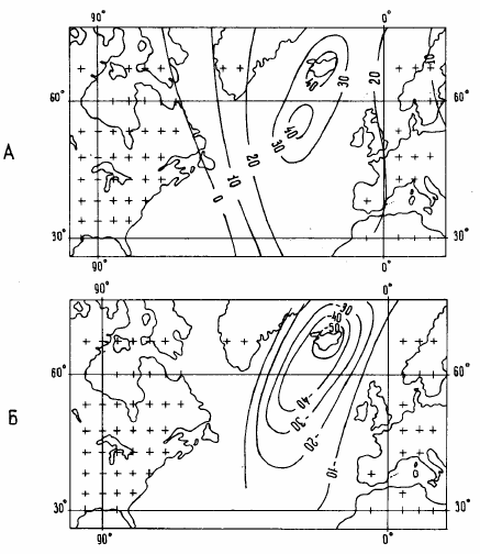 Рисунок 64. А — Осреднённая гравитационная аномалия в свободном воздухе (аномалия Фая) над Северной Атлантикой, мГал;