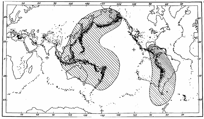 Рисунок 65. Расположение нисходящих конвективных потоков в мантии на акватории Тихого океана и примыкающих к океану территориях на фоне карты сейсмической активности Земли