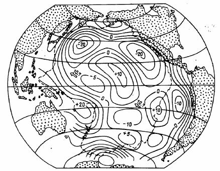Рисунок 70. Карта осреднённых по 10-градусной сетке гравитационных аномалий в редукции свободного воздуха для Тихого океана