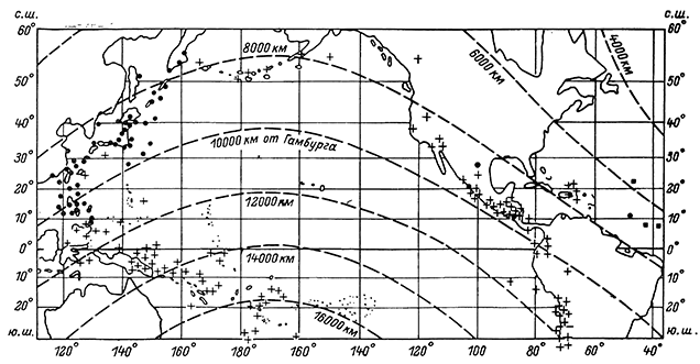 Рисунок 14. Очаги землетрясений, последующие волны которых были зарегистрированы в Гамбурге с длинными (+) или короткими (-) периодами прохождения (по Веллману)Очаги землетрясений, последующие волны которых были зарегистрированы в Гамбурге с 