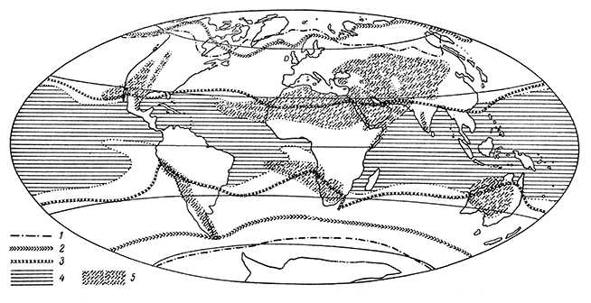 Рисунок 32. Современные изотермы (на уровне моря) и аридные (засушливые) области.