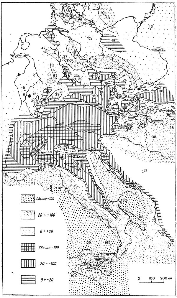 Рисунок 40. Карта гравитационных аномалий g<sub>0</sub>-γ<sub>0</sub> Центральной Европы, составленная Ф. Коссматом и Г. Лиснером.