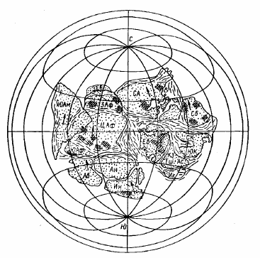 Рисунок 102. Реконструкция суперконтинента Мезогея для эпохи около 1 млрд лет назад.