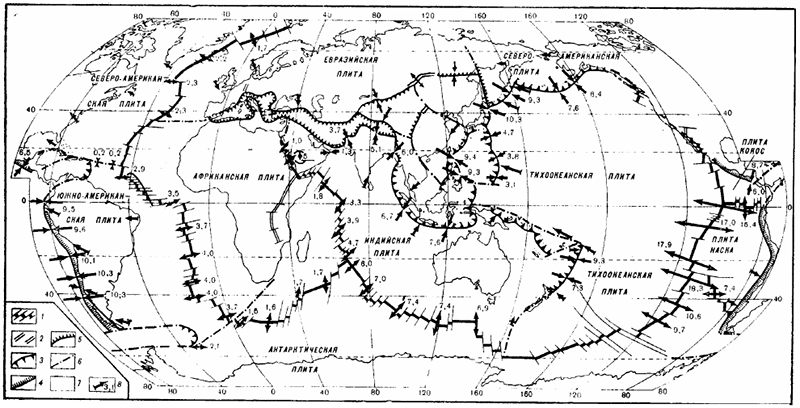 Рисунок 83. Карта литосферных плит и скорости их взаимных перемещений (Галушкин, Ушаков. 1978):