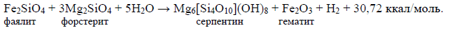 Окисление железа без CO<sub>2</sub> с возникновением водорода: фаялит — форстерит — серпентин — гематит Формула 72. Окисление железа без CO<sub>2</sub> с возникновением водорода: фаялит — форстерит — серпентин — гематит